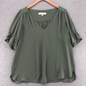 LOFT Top Womens Medium Green Short Bell Puff Sleeves V Neck Pleated Back Blouse